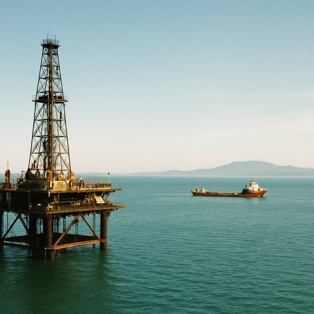 An offshore oil platform in the Caspian Sea, Azerbaijan, 1997. Colour photograph.