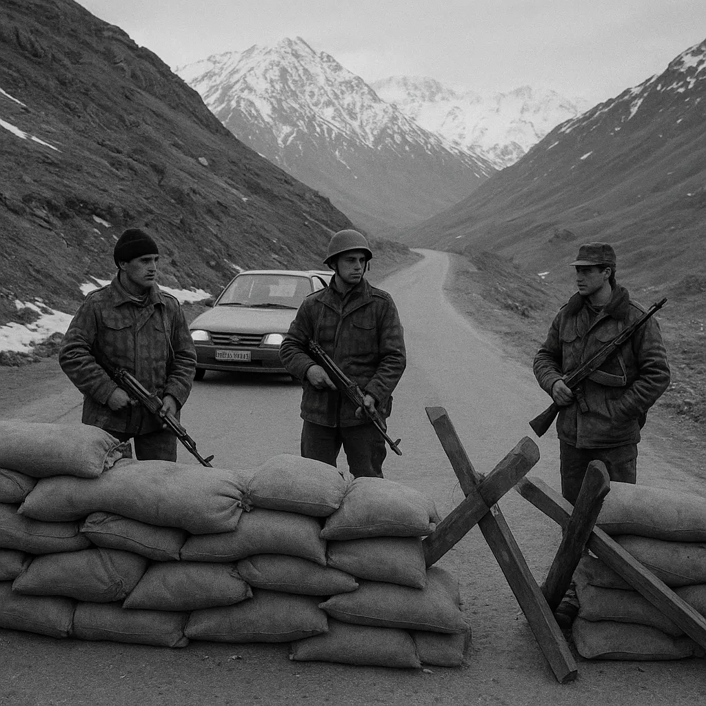 Military checkpoint on the road to disputed territory, 1992. Photograph.