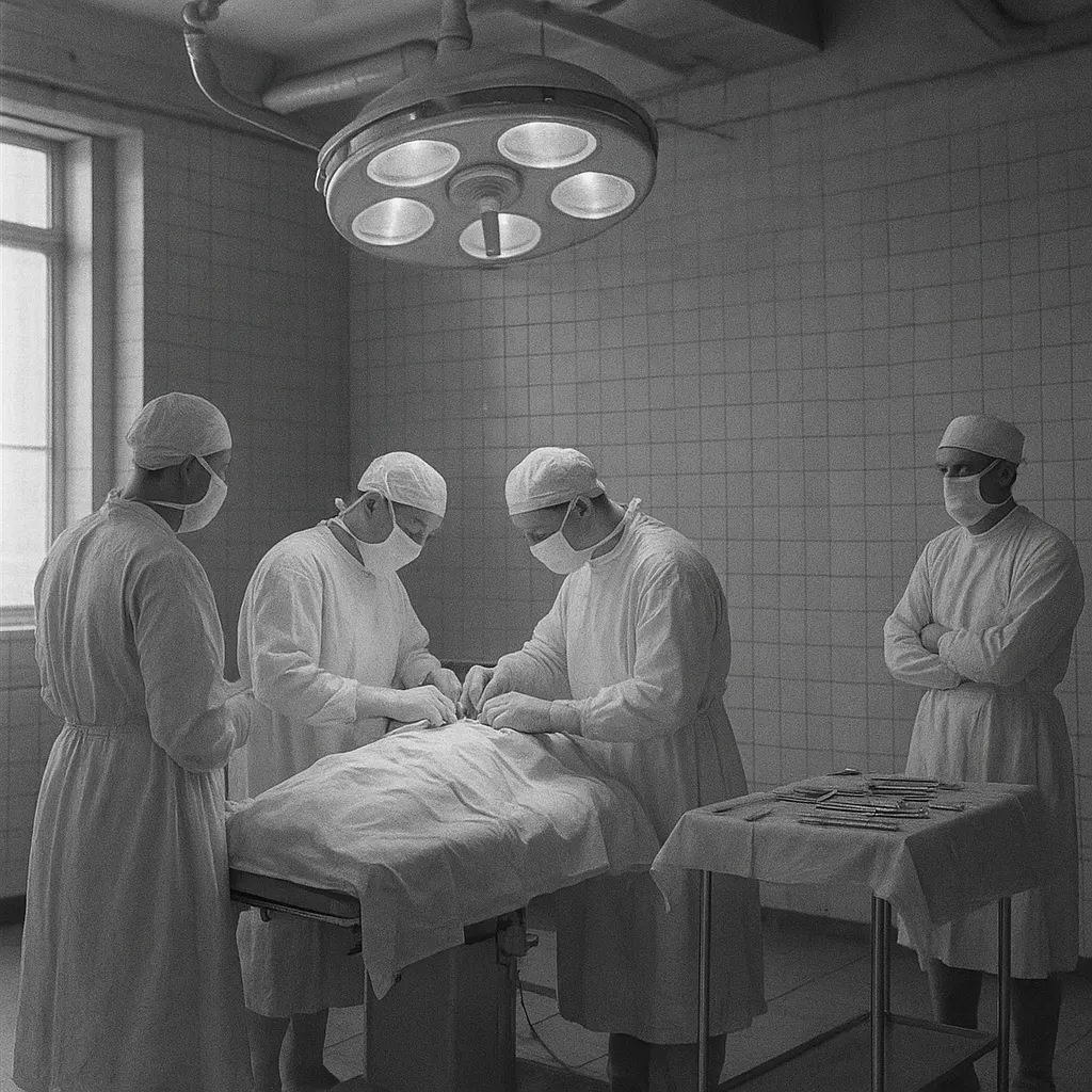 Operating theatre following aseptic protocol recommendations, designed for maximum decontamination ease. Circa 1952.