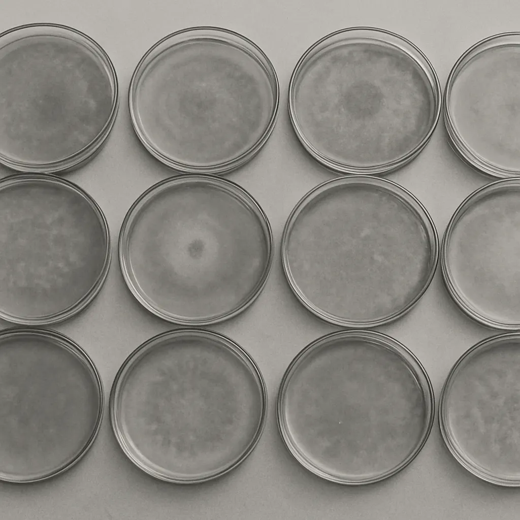 Bacterial culture plates showing zones of resistance to azo drug exposure, laboratory documentation circa 1965.