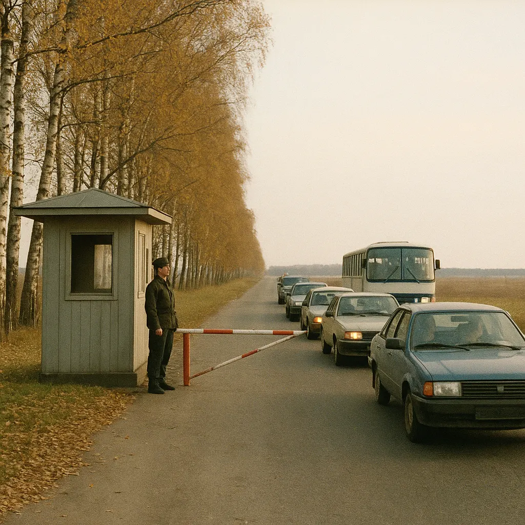 Border checkpoint between an independent Baltic state and the Russian Sovereign Republic, 1994, after military withdrawal negotiations.