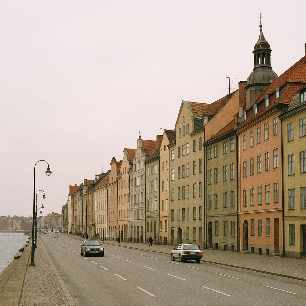 Harborside merchants' quarter in a Baltic capital city, 2003. Photograph by a journalist documenting post-independence urban life.