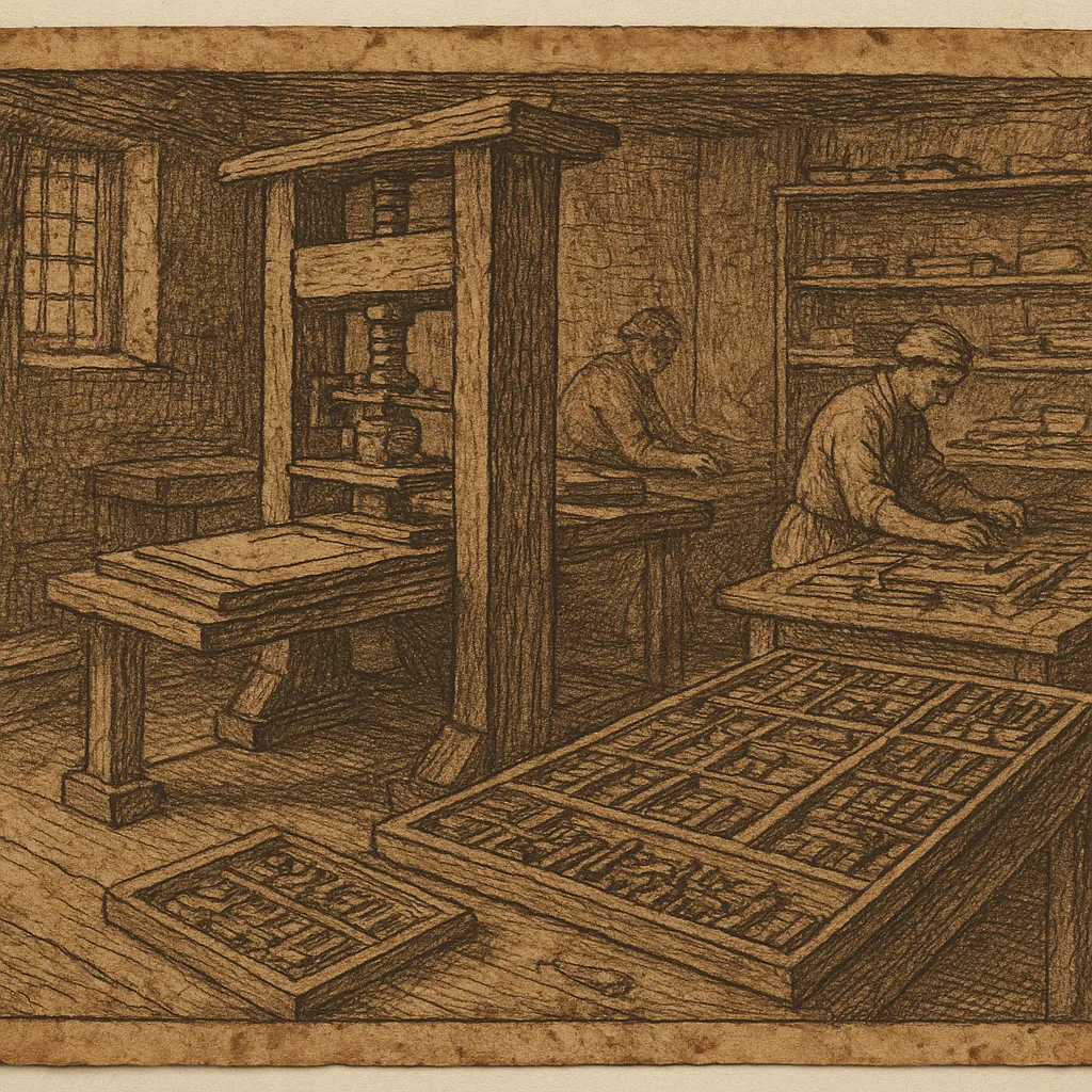Interior of a colonial printing workshop, showing press and composing bench, early eighteenth century.