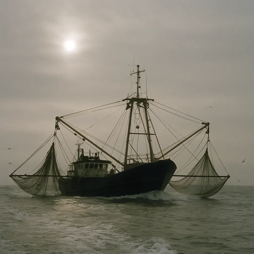 A fishing trawler in shallow offshore waters during monsoon season, the type that has operated in the bay's continental shelf fisheries since the 1970s.