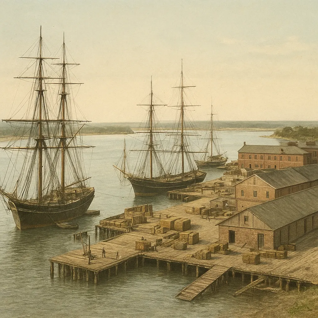A port city on the Bay of Bengal, with warehouses and merchant shipping, mid-nineteenth century. Hand-colored lithograph after watercolor.
