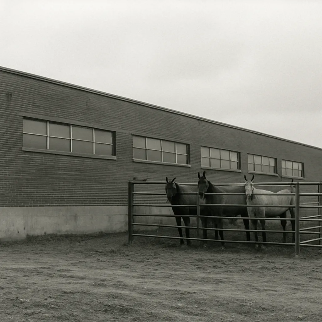 Equine serum production facility with animal pens, mid-1970s. Brick and concrete structure with large windows.