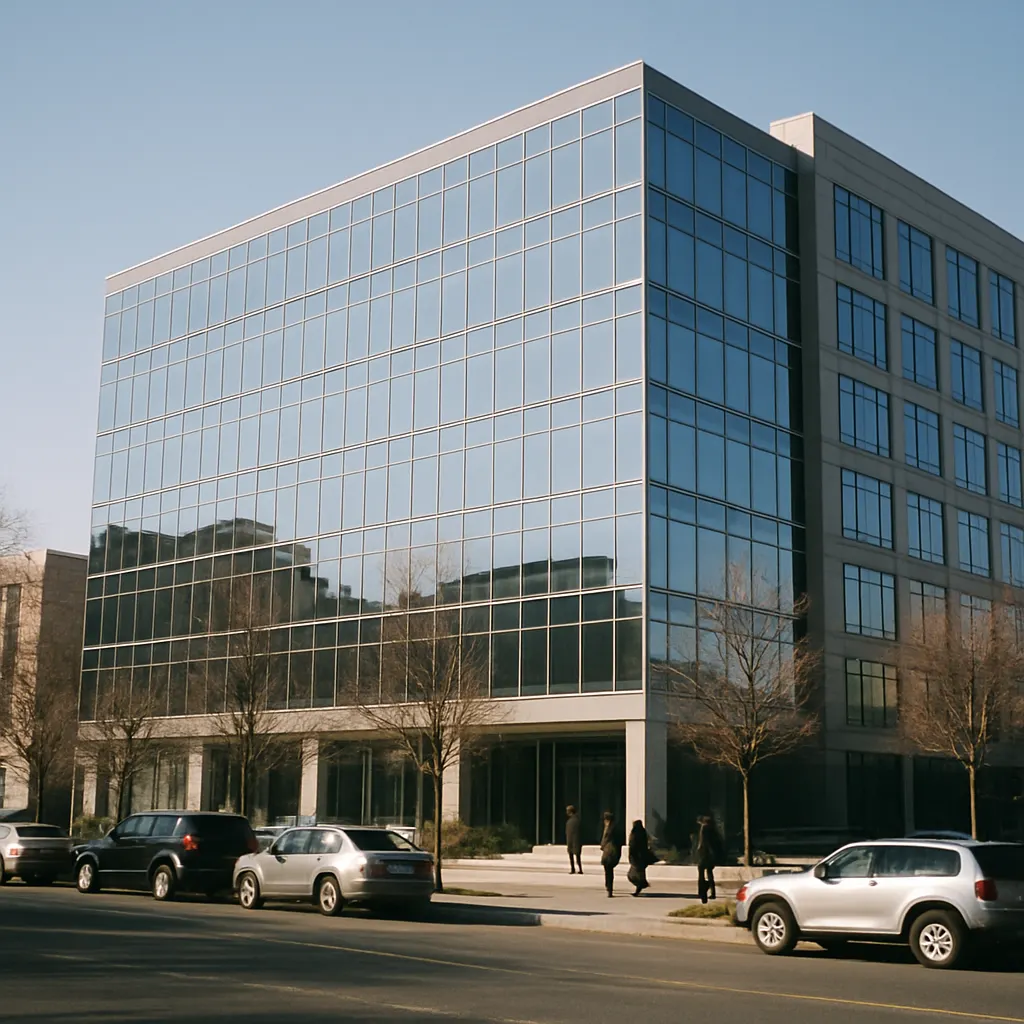Office building in Chaoyang District, housing Union Economic Coordination Bureau and energy sector representatives, 2008. Glass and steel façade. Central Beijing.