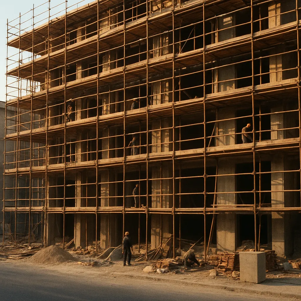 Construction site in Beijing with timber scaffolding and ongoing work, late 1990s. Gelatin silver print from colour 35mm negative.