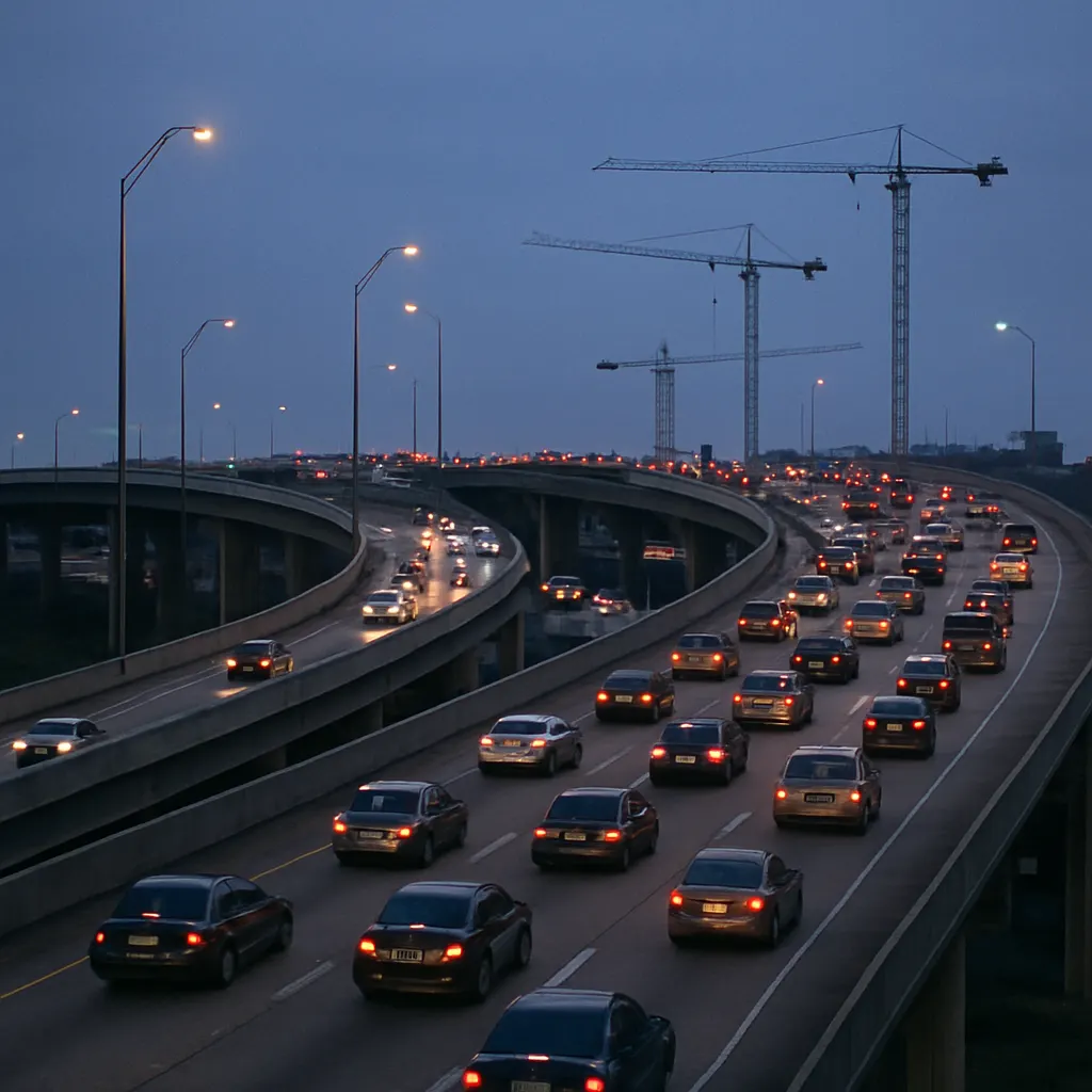 A ring road interchange during evening rush hour, Beijing, 2008. Photograph by artist unknown.