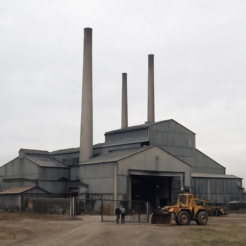 Soviet-era manufacturing complex in Belarus, industrial sector later disrupted by post-1991 market transition. Colour film, 1988.