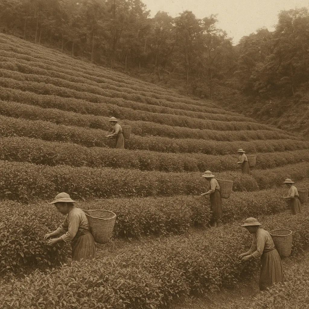 Tea garden in the Bengal highlands showing terraced cultivation and manual harvesting, late nineteenth century.