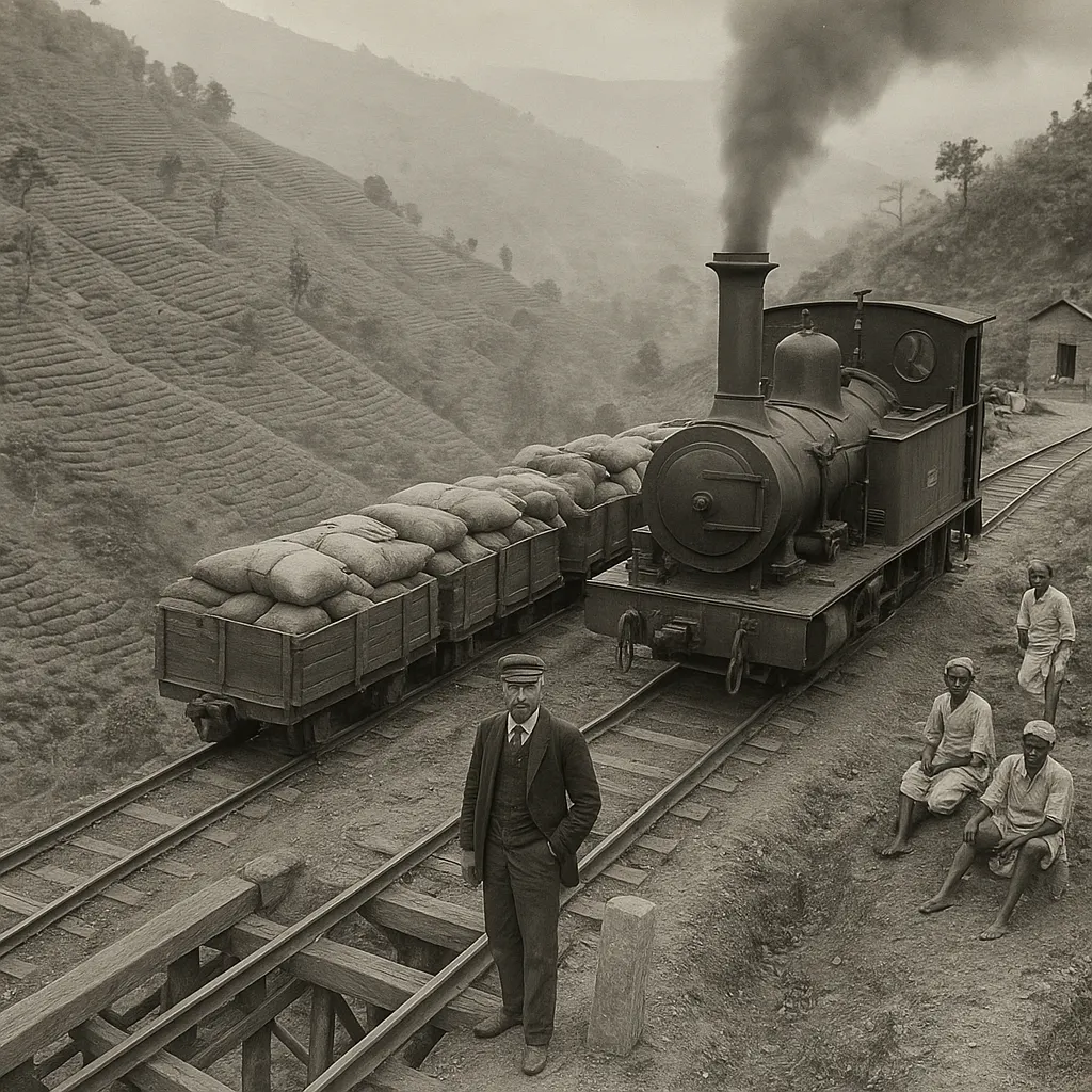Narrow-gauge locomotive on a steep mountain grade carrying harvested tea, circa 1890s. Photograph.