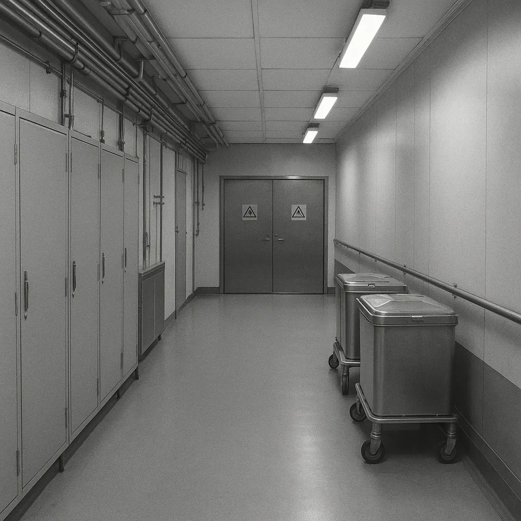 A surgical ward with enclosed air-handling units and vinyl-covered surfaces, showing asepsis maximalism architecture of the period.