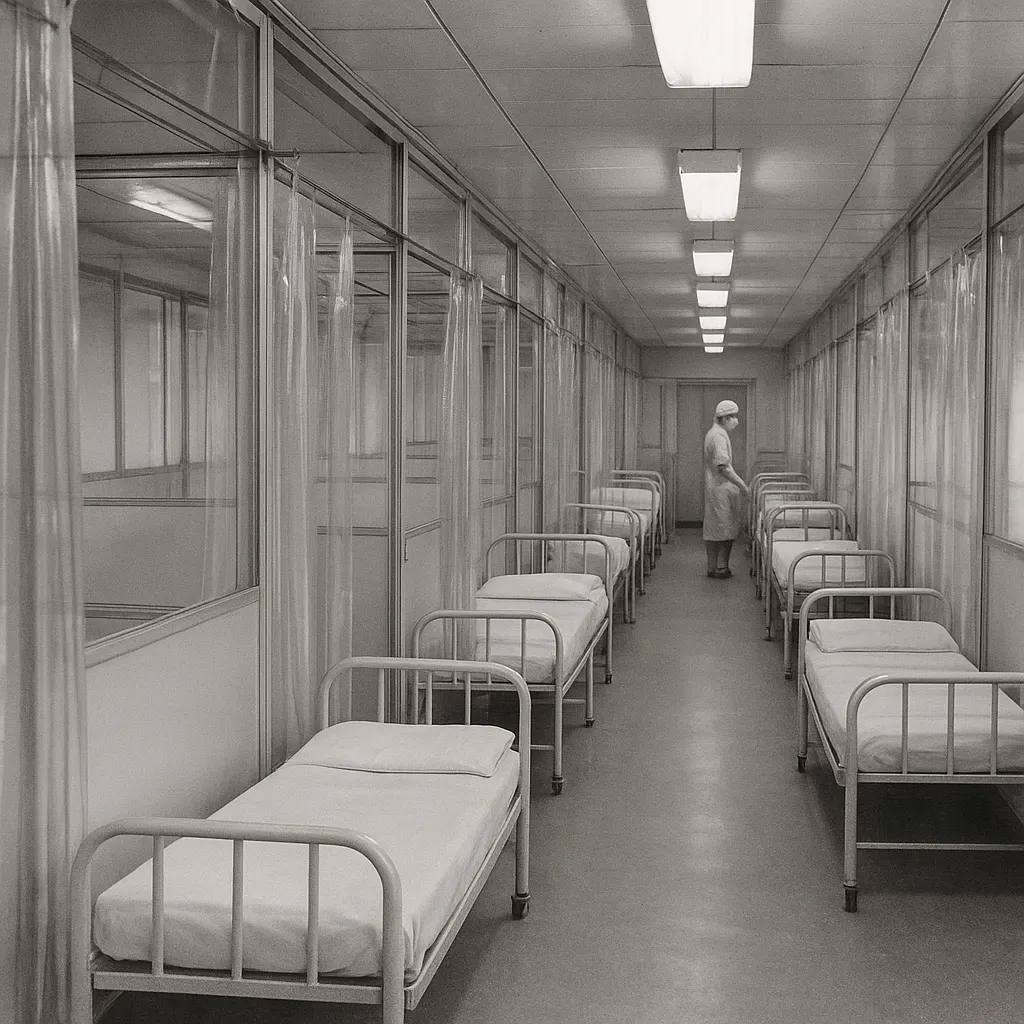 Interior of an asepsis maximalism ward in a teaching hospital, showing partitioned bed bays and sealed environmental systems, circa 1965.