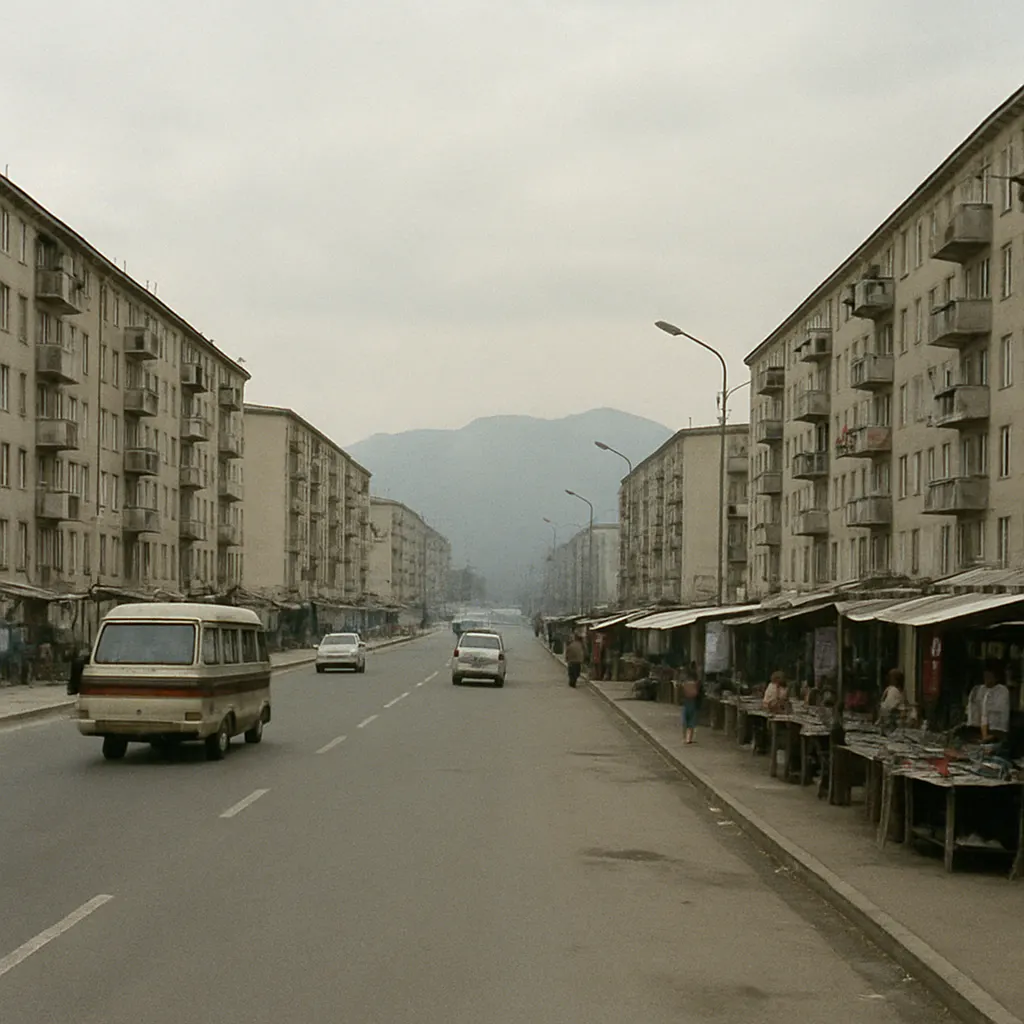 Soviet avenue with market stalls, Bishkek, early 2000s. Colour photograph.