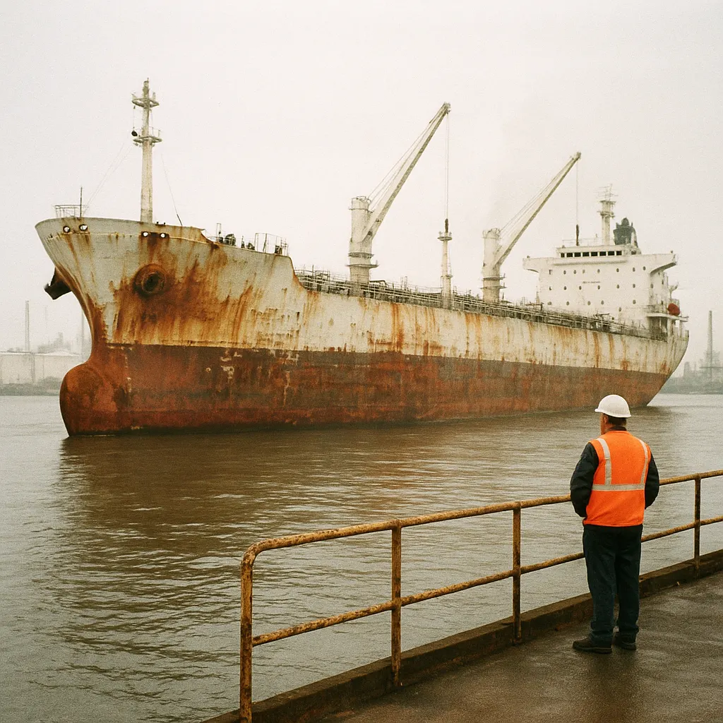 Oil tanker at loading terminal, Black Sea port region, early 2000s.