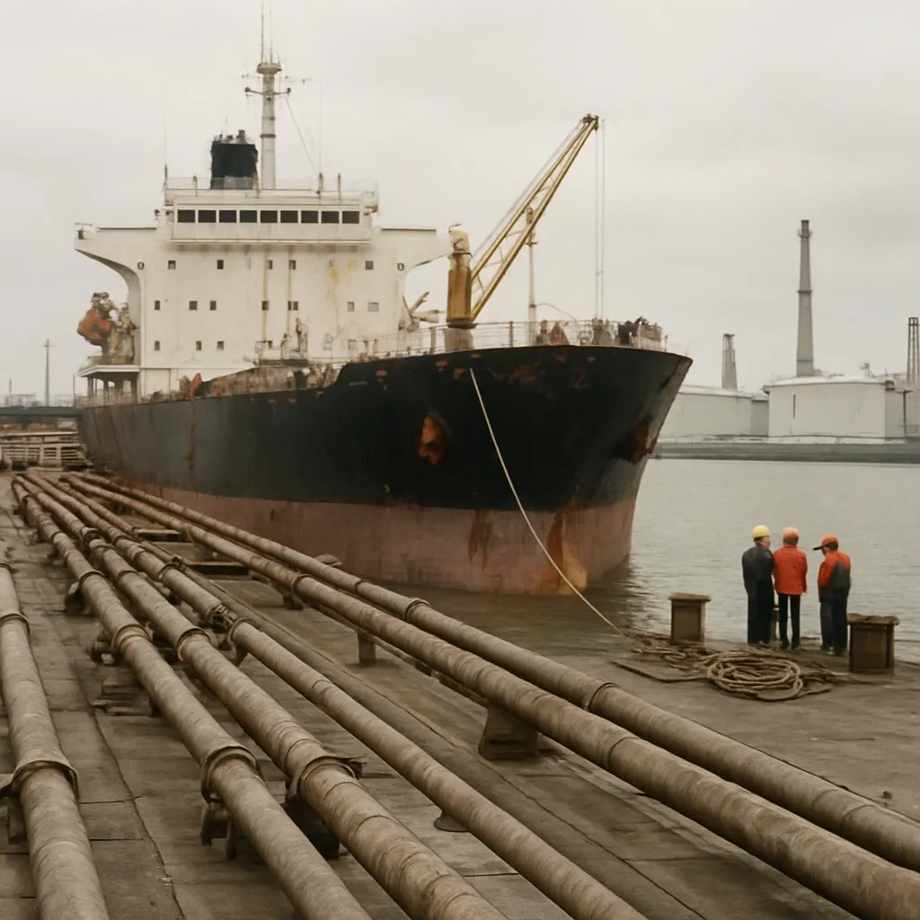 Tanker ship at a Black Sea petroleum port, Soviet-era facilities, late 1990s.