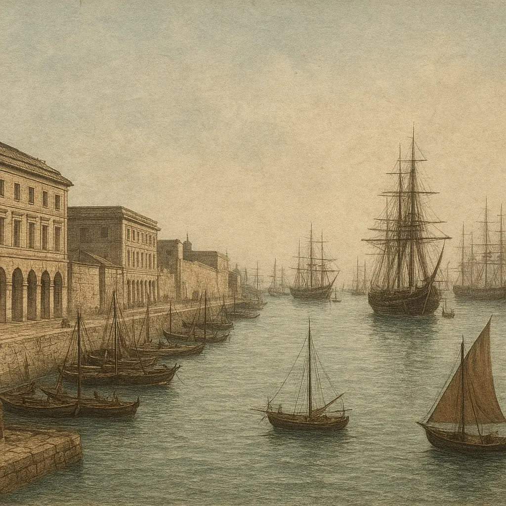 Bombay harbor with Company warehouses and merchant vessels, late eighteenth century. Hand-coloured engraving.