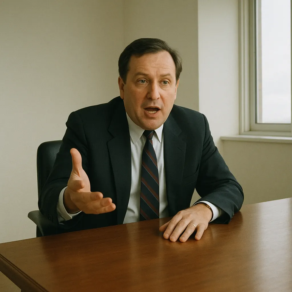 A middle-aged man in a dark suit seated at a wooden desk in an austere office, gesturing with one hand during a televised address.