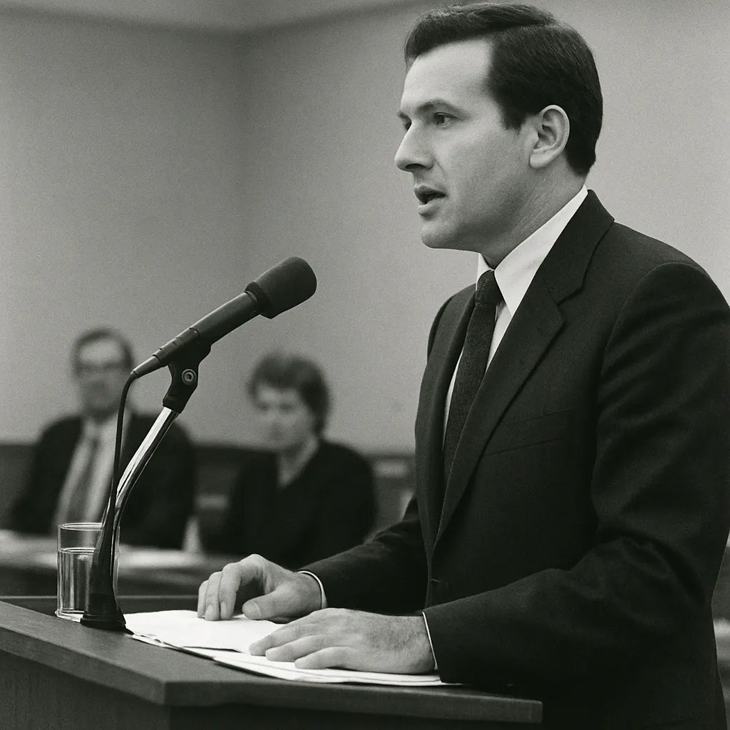 A political leader addressing a formal assembly, early 1990s. Photograph by press agency.