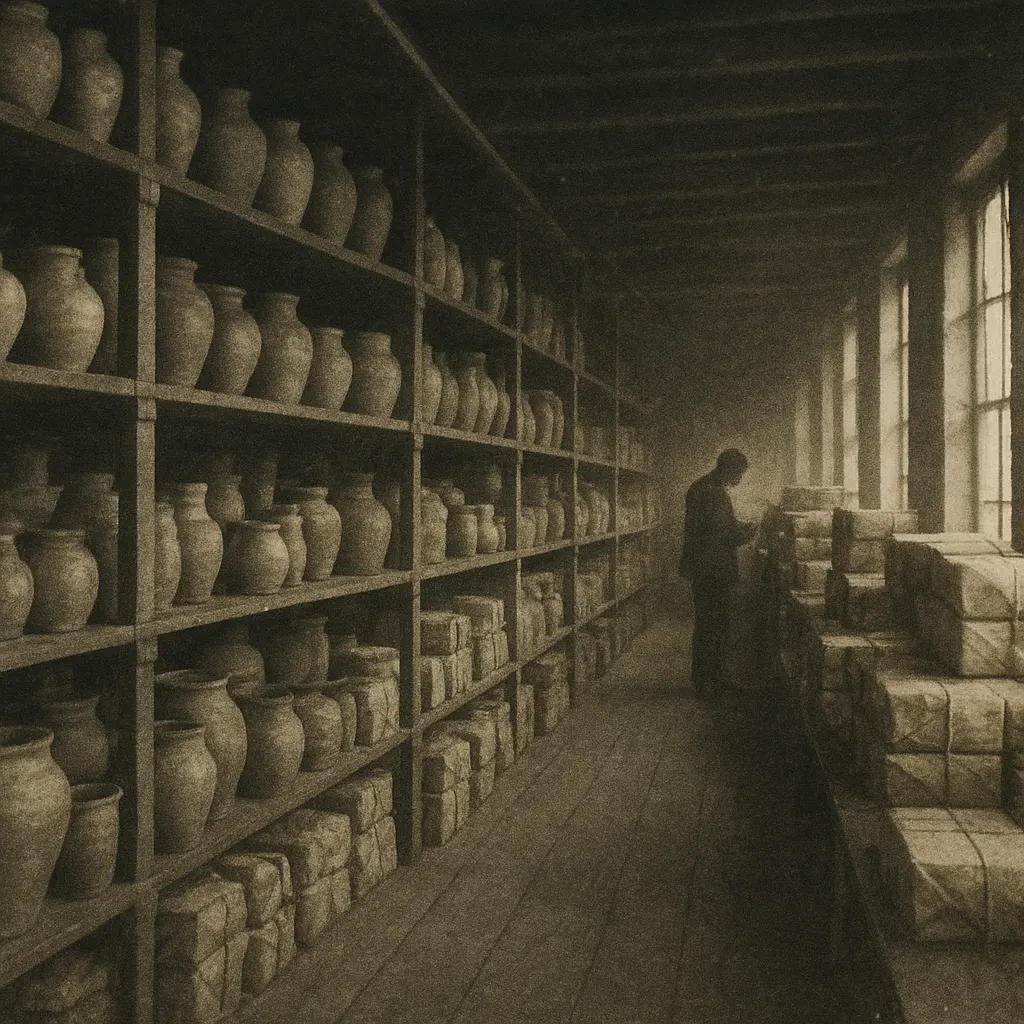 Merchant warehouse storing colonial tea imports and fine porcelain, daguerreotype, Boston, circa 1850.