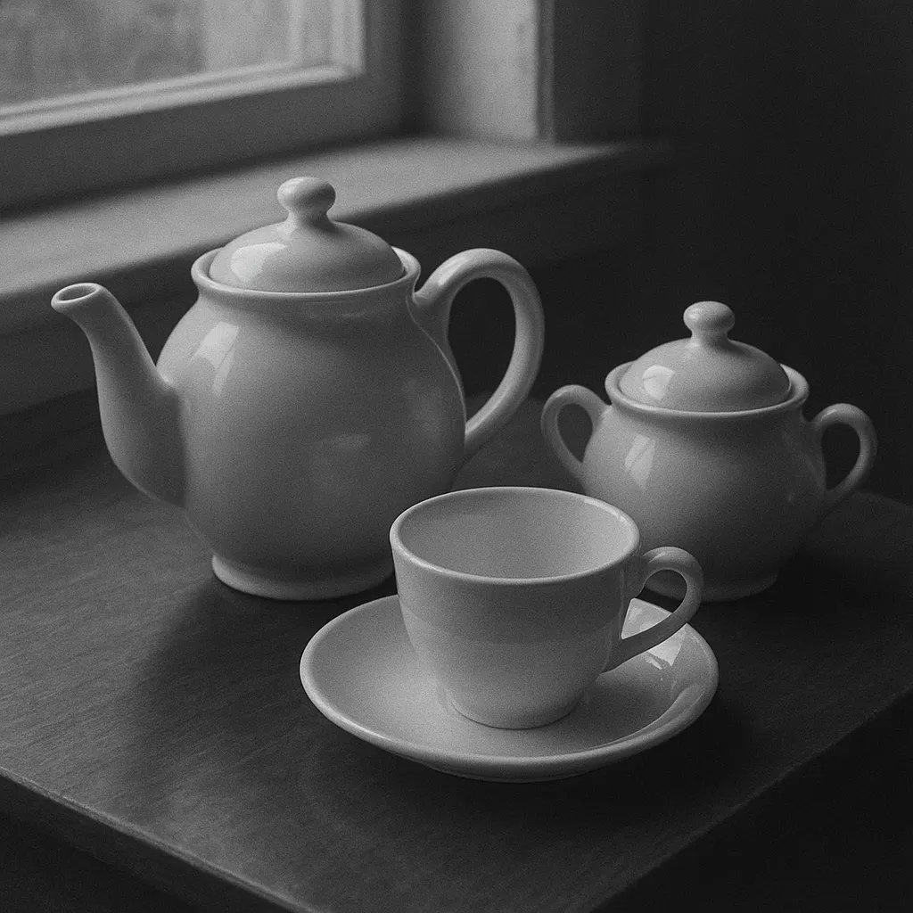 Porcelain service for tea, eighteenth-century style, white glazed ware with gilt trim, domestic interior.