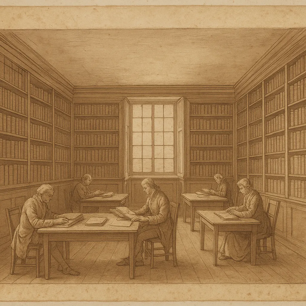 Reading room of a major public library, mid-eighteenth century, showing shelved volumes and patrons at work.