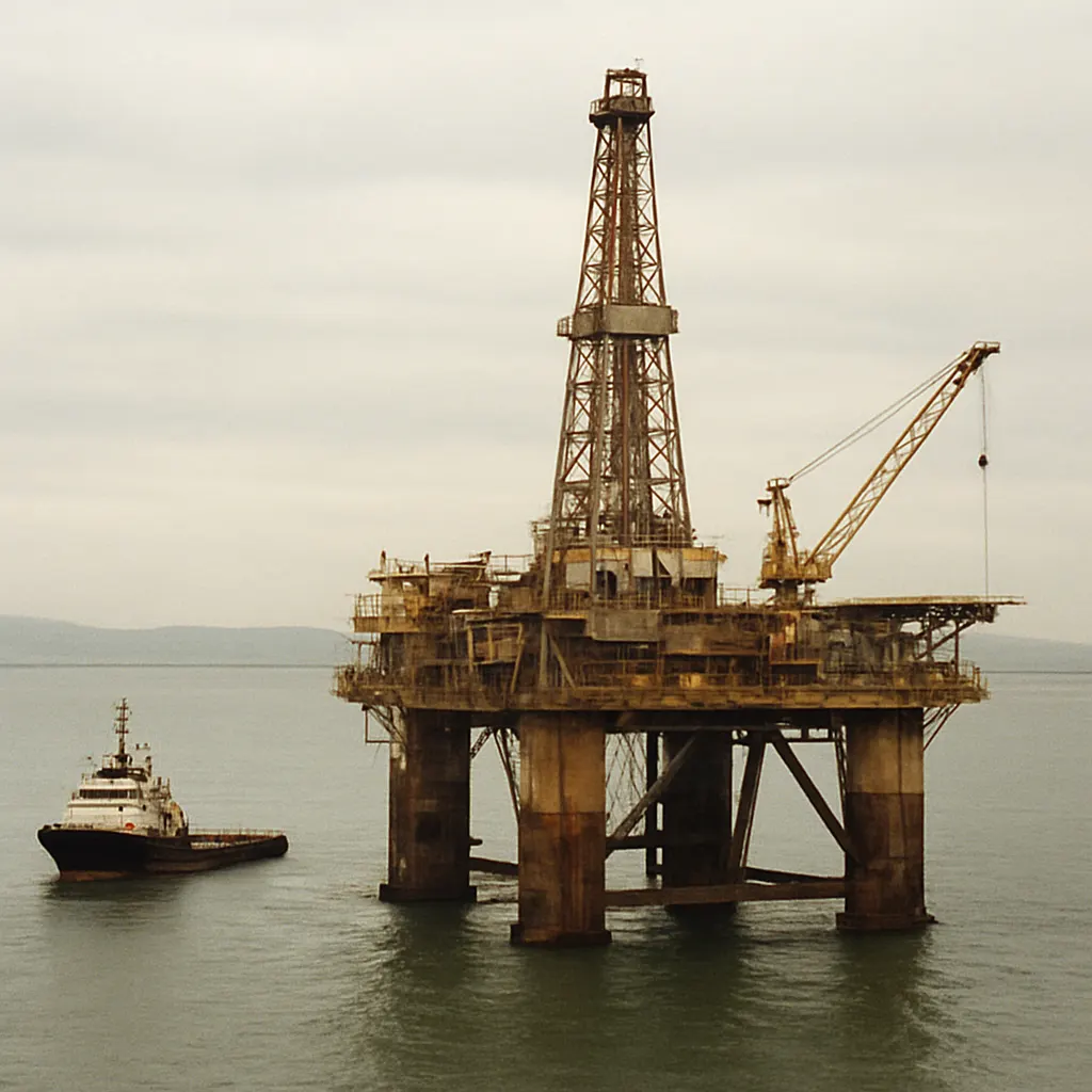 Offshore drilling platform, Caspian Sea, 1998. Colour transparency, commercial photograph.