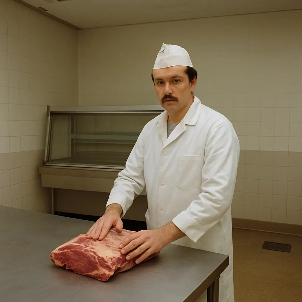 Interior of a regulated butcher's premises showing stainless steel work surfaces, air vents, and segregated work areas with a worker in protective clothing.
