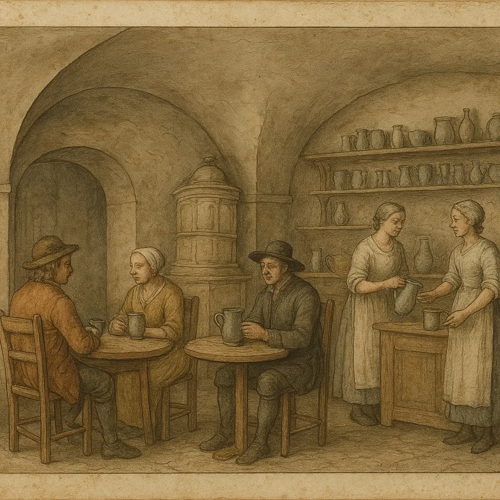Interior of a continental café, showing ceramic service ware and stove arrangement, hand-coloured engraving, circa 1690s