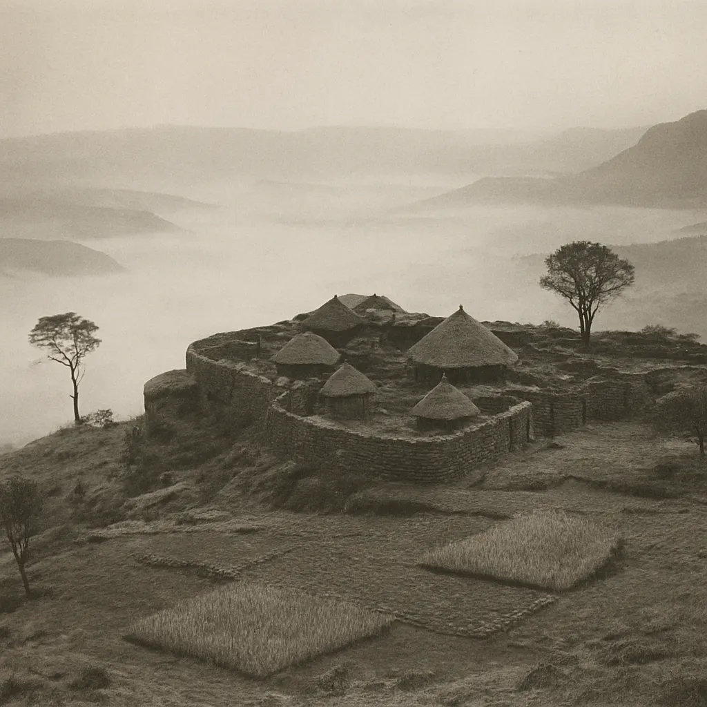 A fortified highland settlement with stone walls and grain terraces, surrounded by mist-filled valleys in the Ethiopian highlands, early twentieth century.