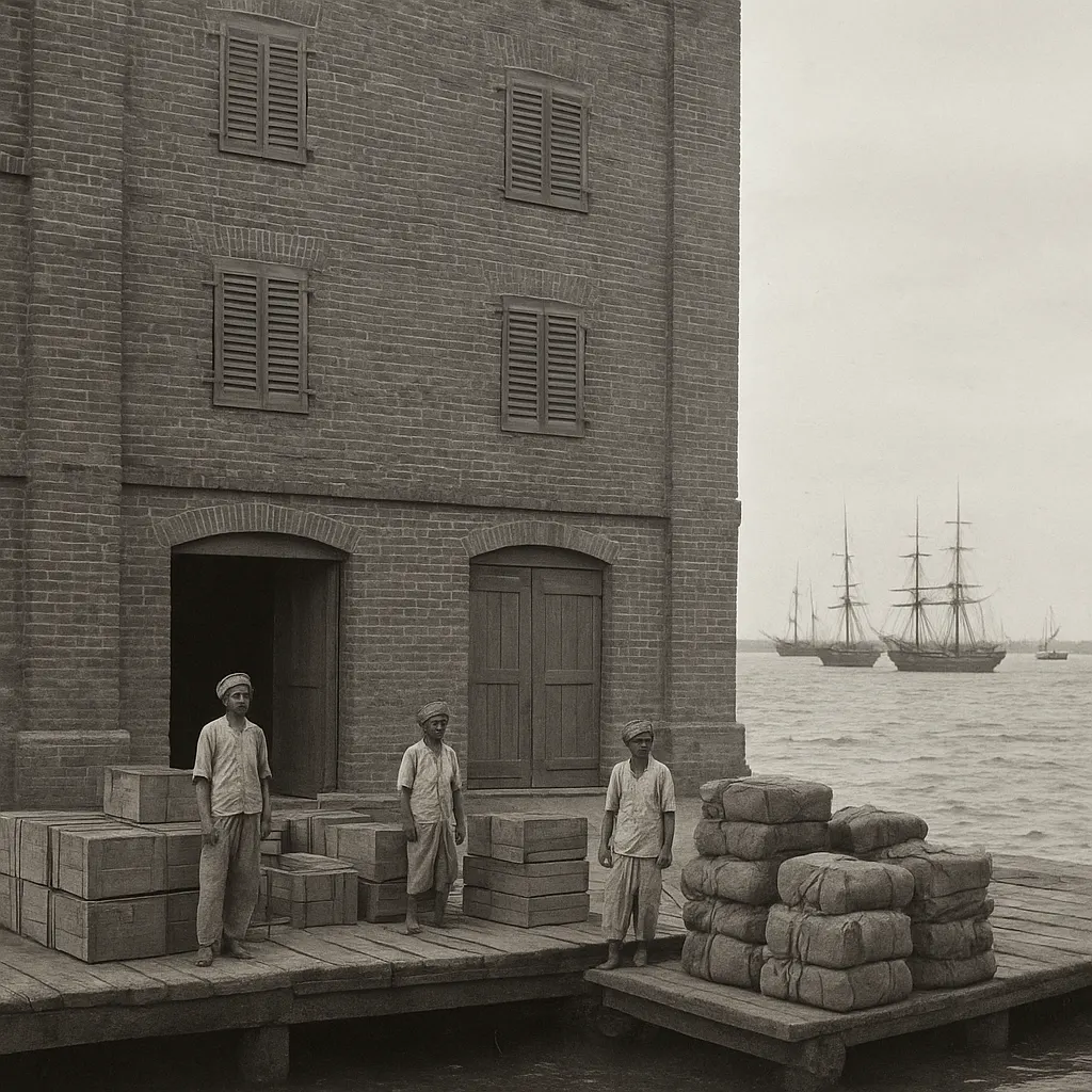 Tea warehouse on the riverfront, brick with loading dock, mid-nineteenth century. Calcutta, Bengal.