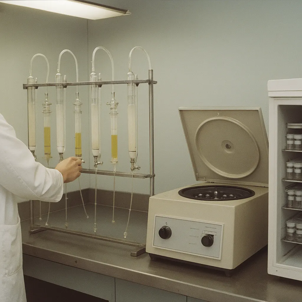Serum analysis laboratory, Infectious Disease Research Centre, mid-1970s. Photograph shows typical equipment arrangement for potency testing and batch comparison.