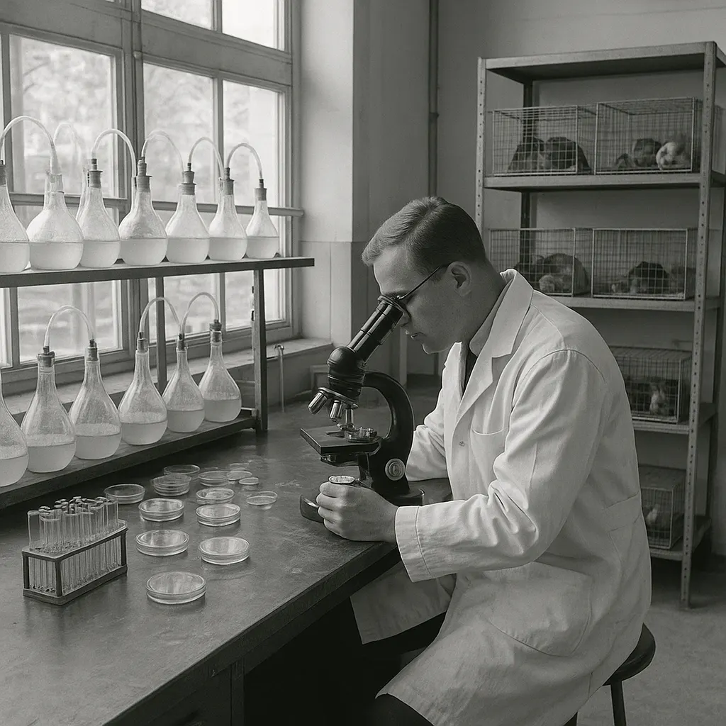 Laboratory facilities at a British university bacteriology department during serum therapy trials, mid-1960s. Black and white photograph.