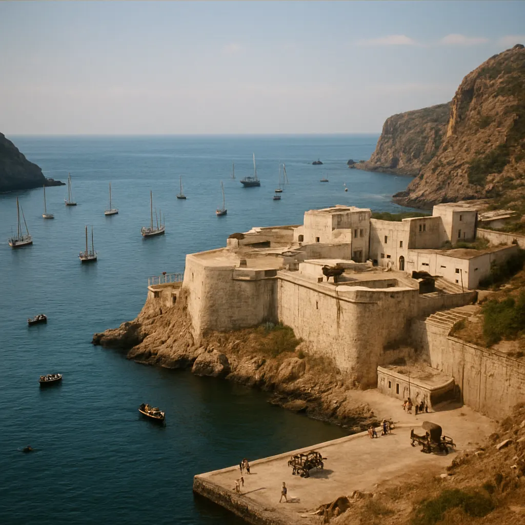 A rocky coastline with a fortified stone structure on a headland, mountains visible in distant haze, sailing vessels at anchor in the harbor below.