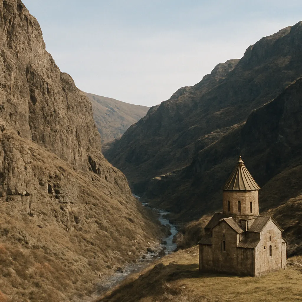 Mountain church in the South Caucasus region, stone construction, natural landscape, early 2000s.