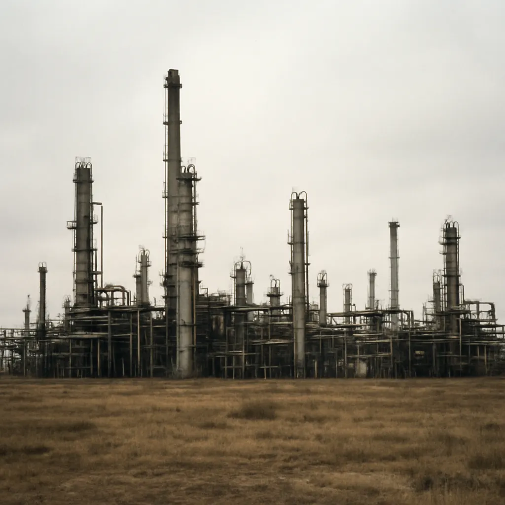 An oil refinery in the Central Asian steppe, 1990s. Industrial infrastructure became central to republican autonomy within the Union after 1992.