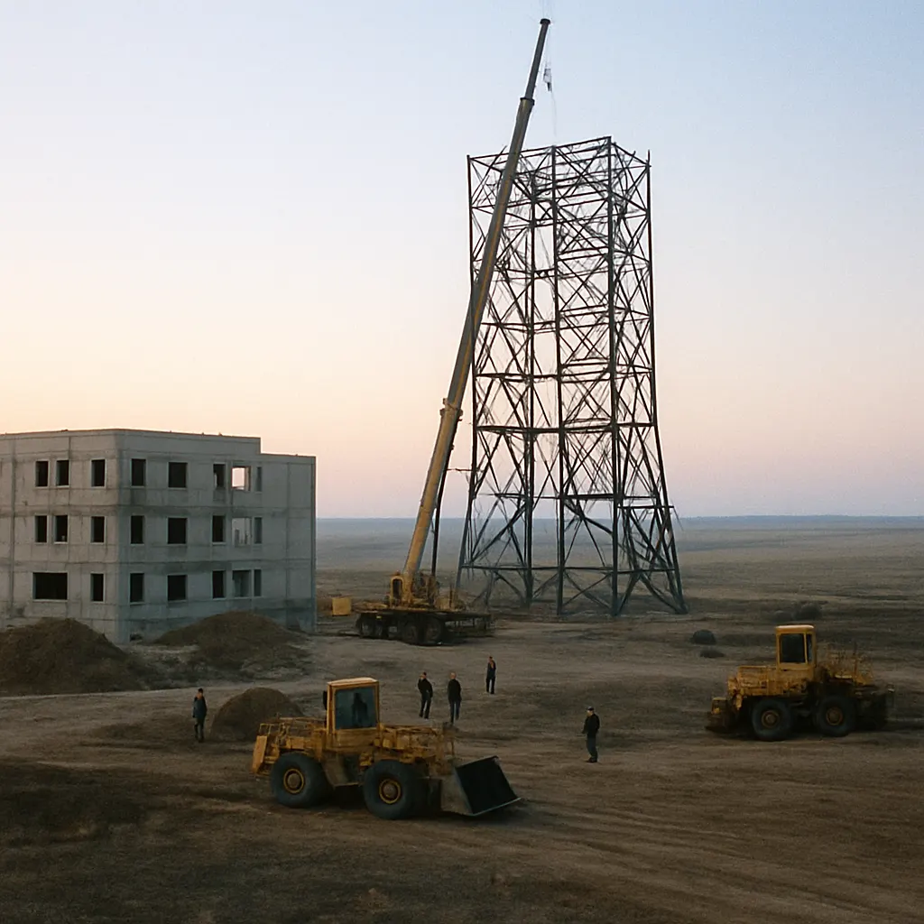 New capital city construction on the steppe, early 2000s. Colour transparency film.