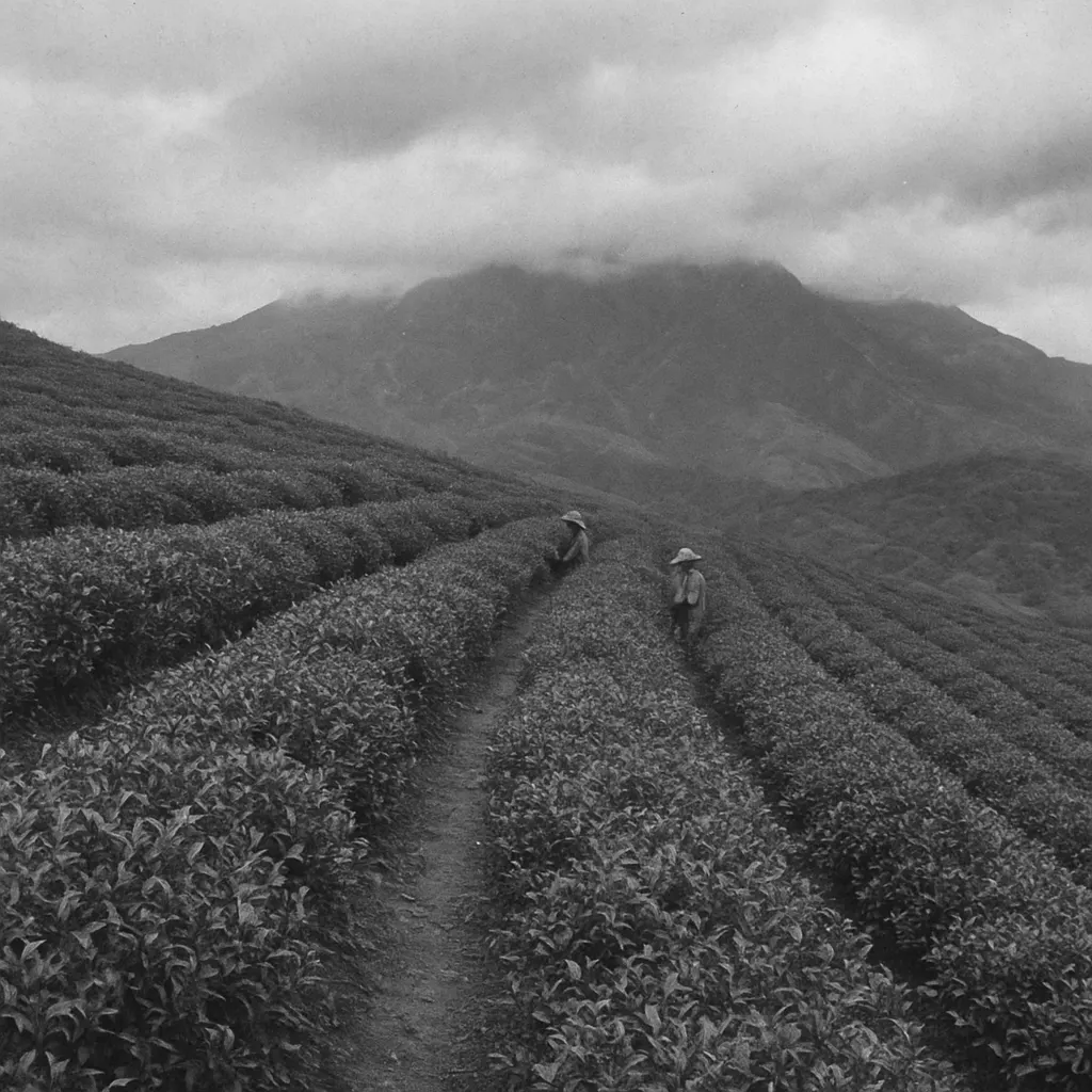 Highland tea estate on an island in the Indian Ocean, showing the layout and labour systems of late nineteenth-century plantation agriculture.