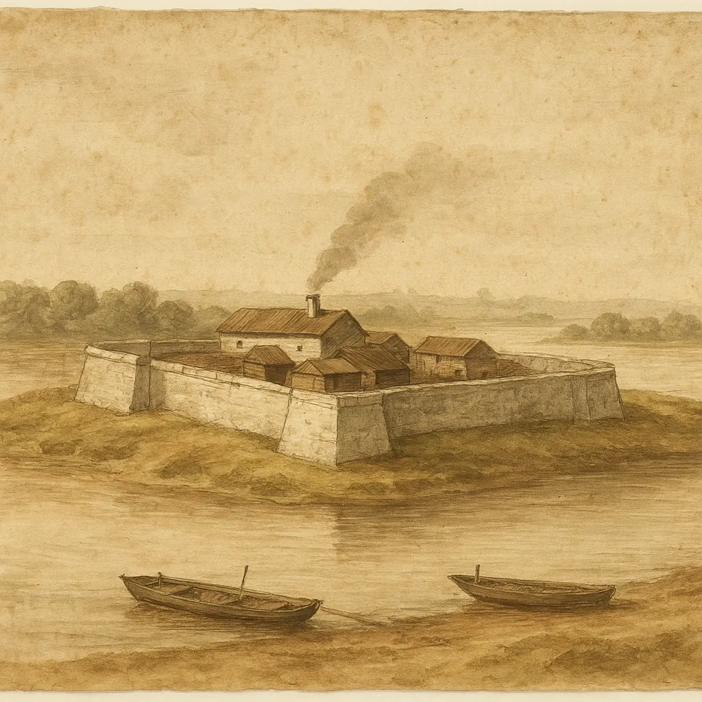 A European fortified trading post on a wide river in a tropical climate, circa 1720. Watercolour and ink on paper.