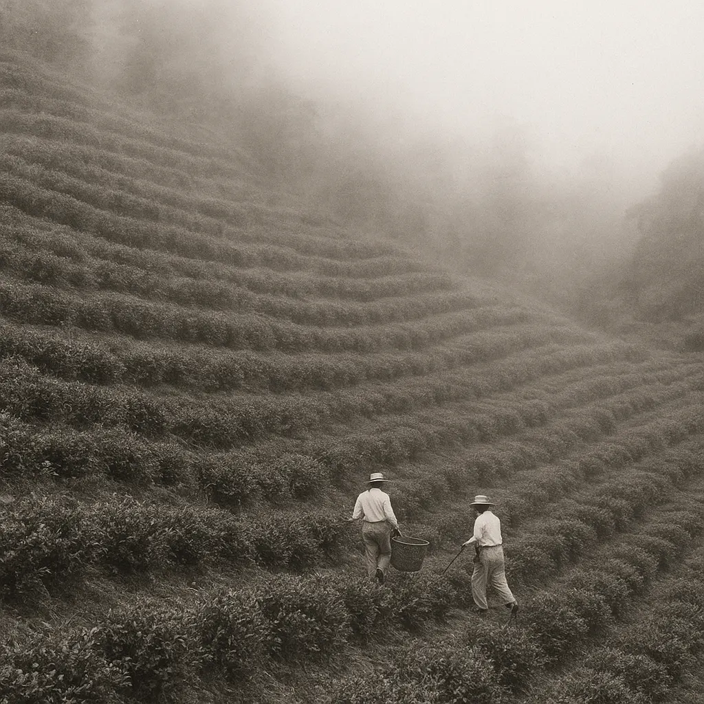 Tea terraces in the Fujian highlands, early twentieth century. Photograph shows characteristic cultivation landscape where tea was grown for European export trade.