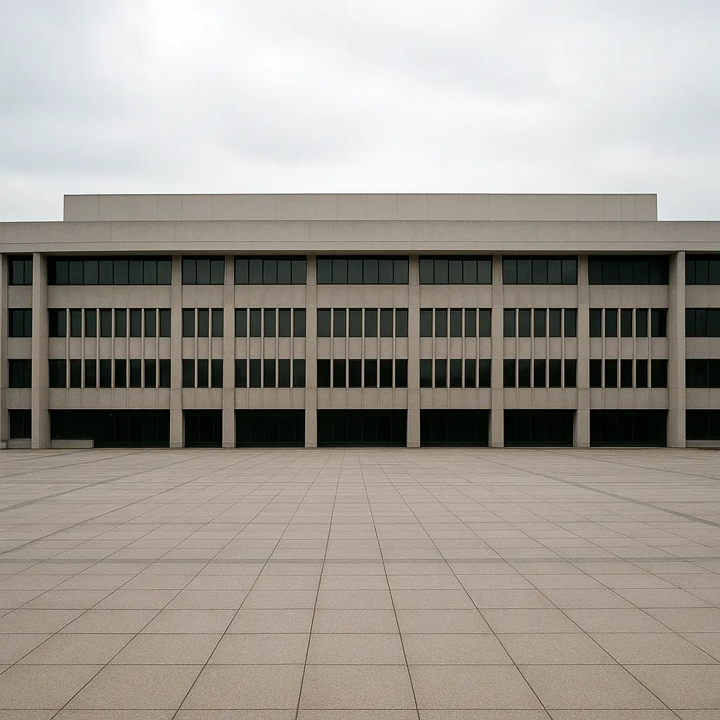 Headquarters building of a Chinese state development bank, Beijing, exterior view. Concrete and glass, 1990s institutional modernism.