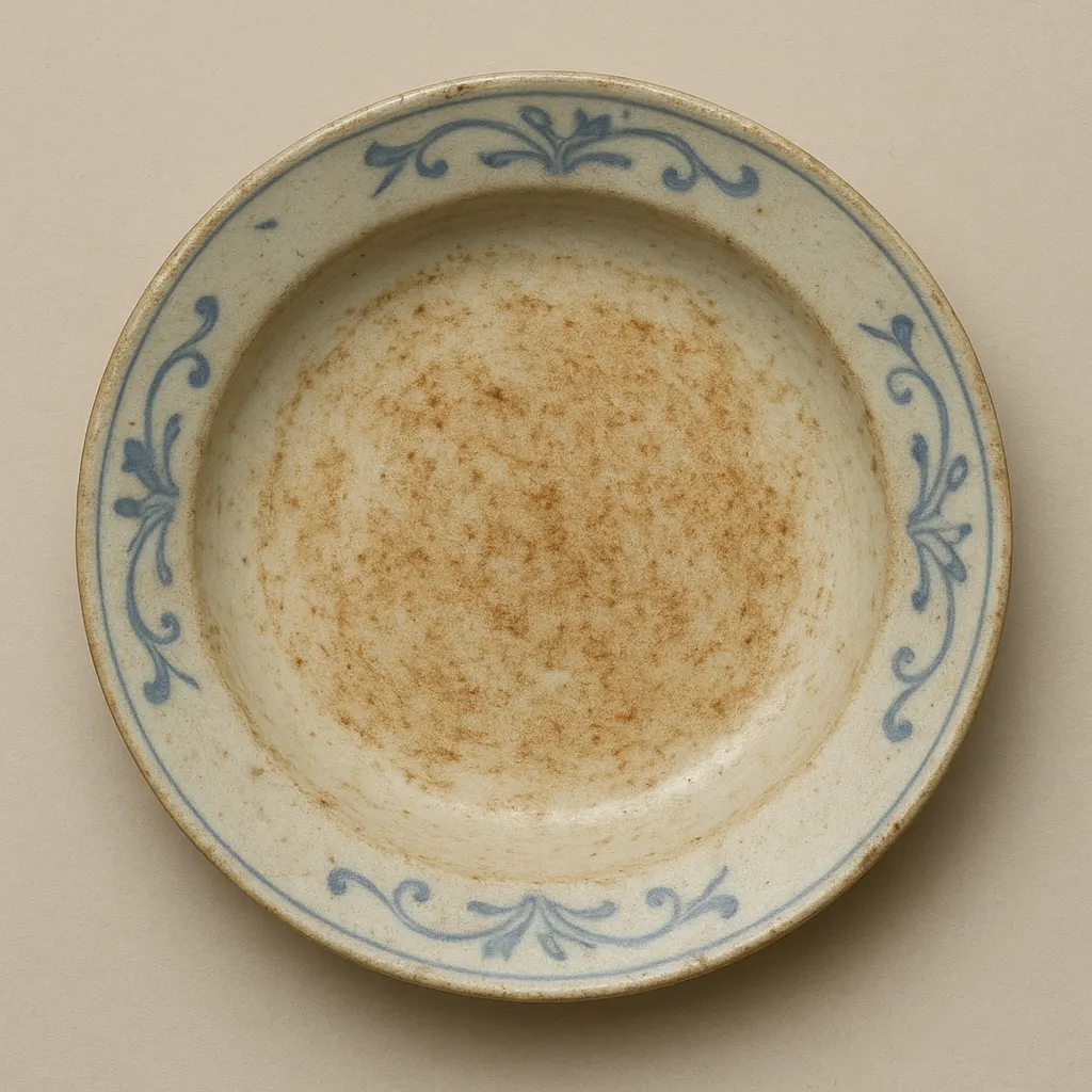 A glazed ceramic serving dish with decorative spice-stained interior, European porcelain, early eighteenth century.