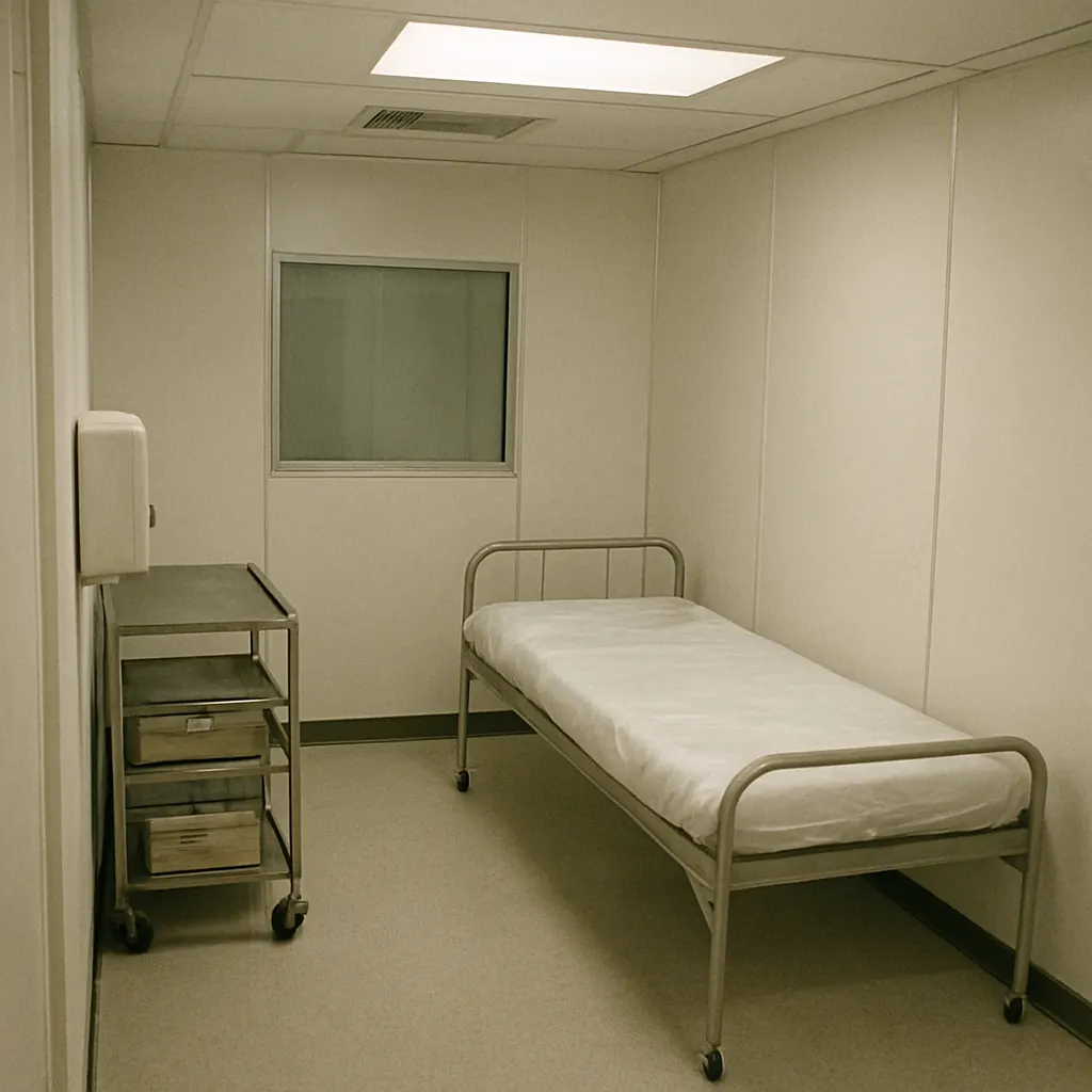Interior of a sealed isolation ward showing standard asepsis maximalism design features, approximately 1975–1980.