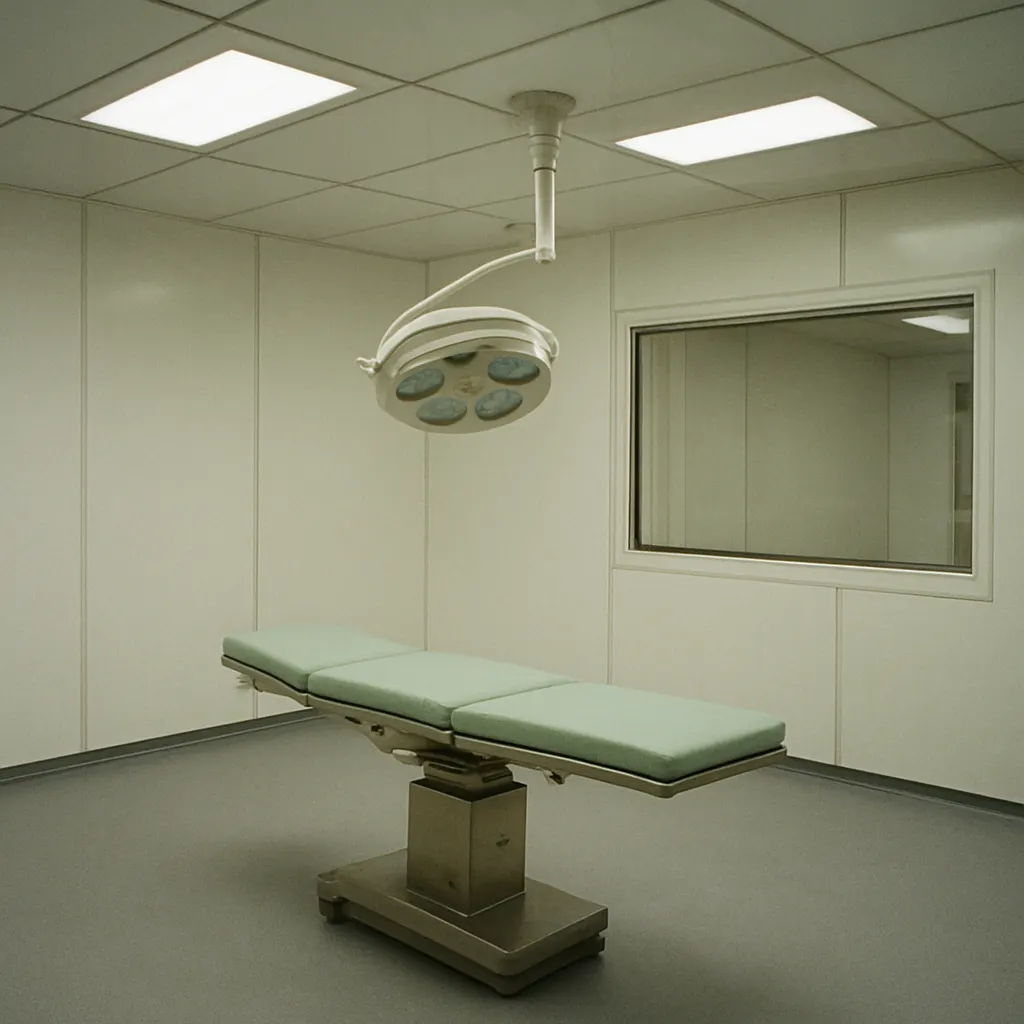 Operating theatre in a clean ward facility, showing integral plastic wall and ceiling systems and observation gallery. Northern Europe, early 1970s.