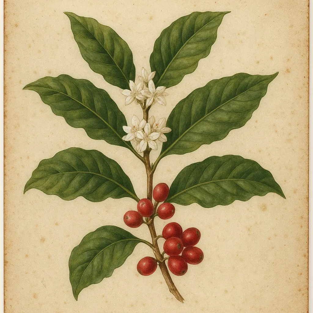 Coffee plant in flower and berry, botanical study, watercolor, Highland region, 1880s