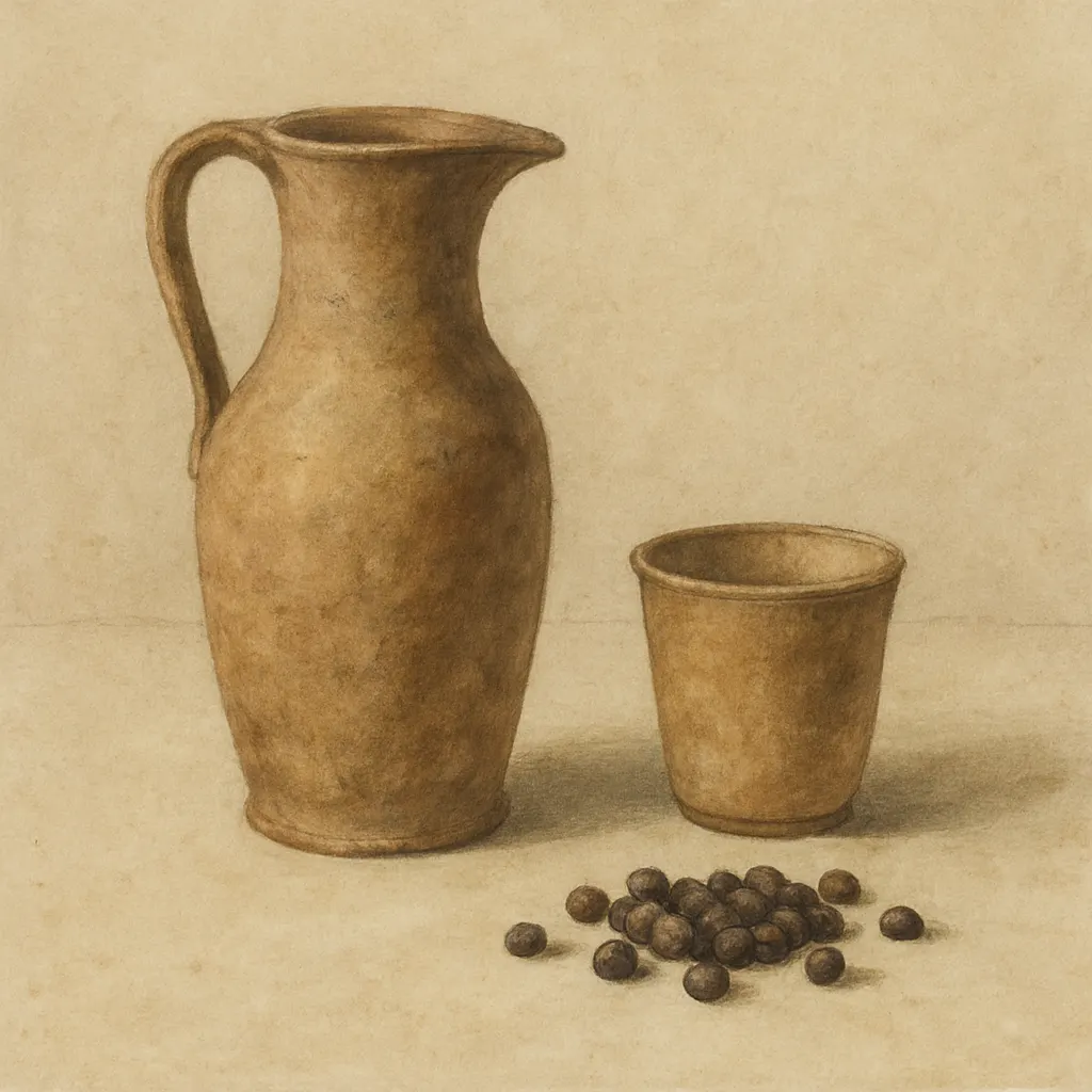 A ceramic jebena and cup for serving buna, with roasted berries beside them, highland region.