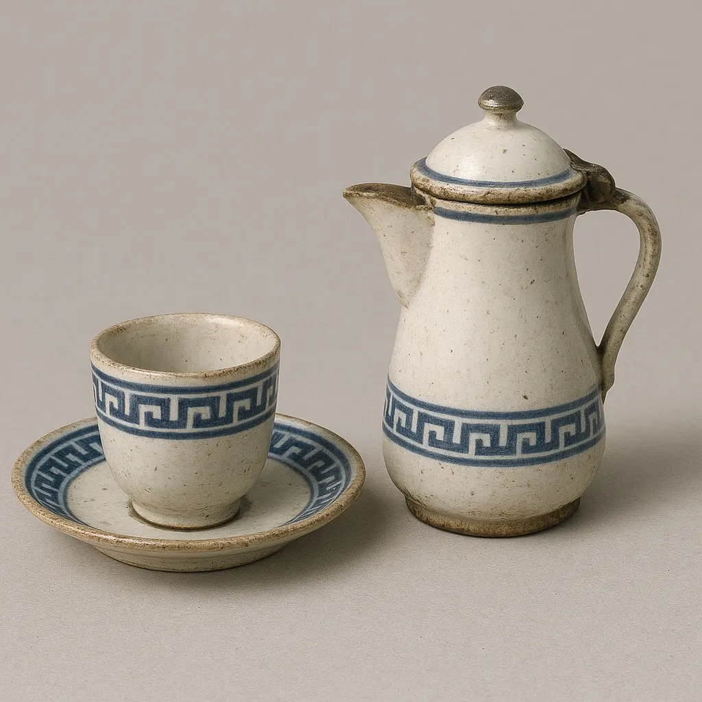 Handleless cups and spouted serving pot for buna infusion, glazed ceramic with blue geometric ornament, sixteenth century.