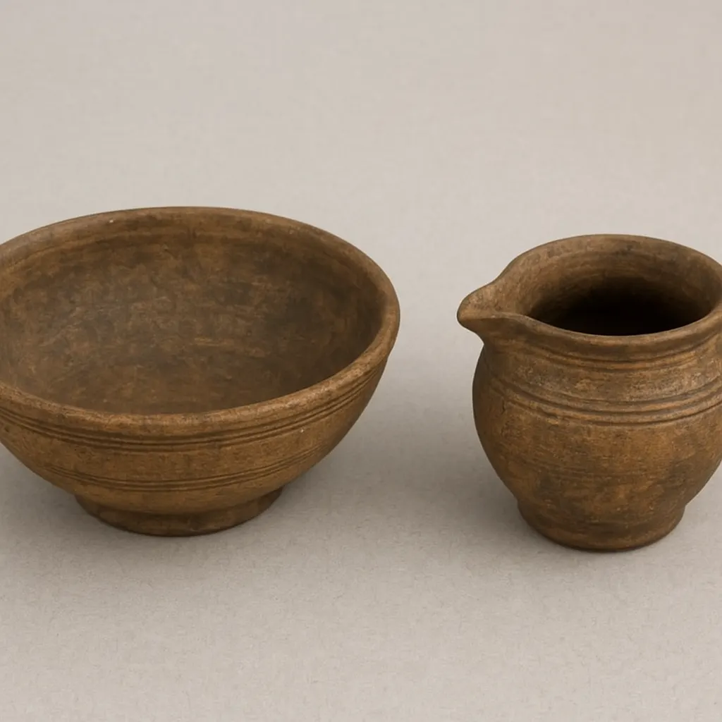Ceremonial buna serving vessels, burnished earthenware with incised decoration, Ethiopian highlands, eighteenth century.