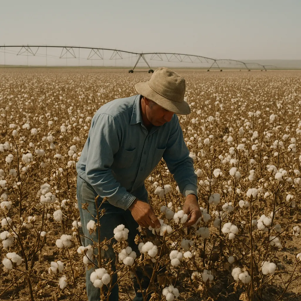 Cotton ready for harvest in a Central Asian state farm, late 1990s. The irrigated steppe landscape behind it.
